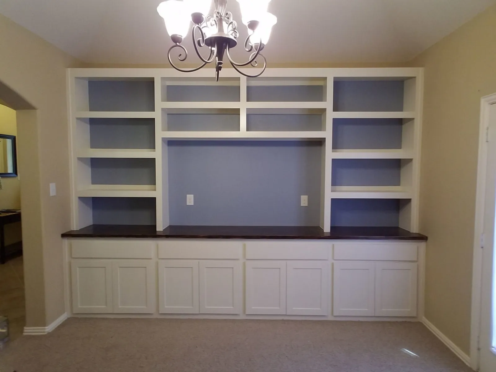 White built-in hutch with open shelving