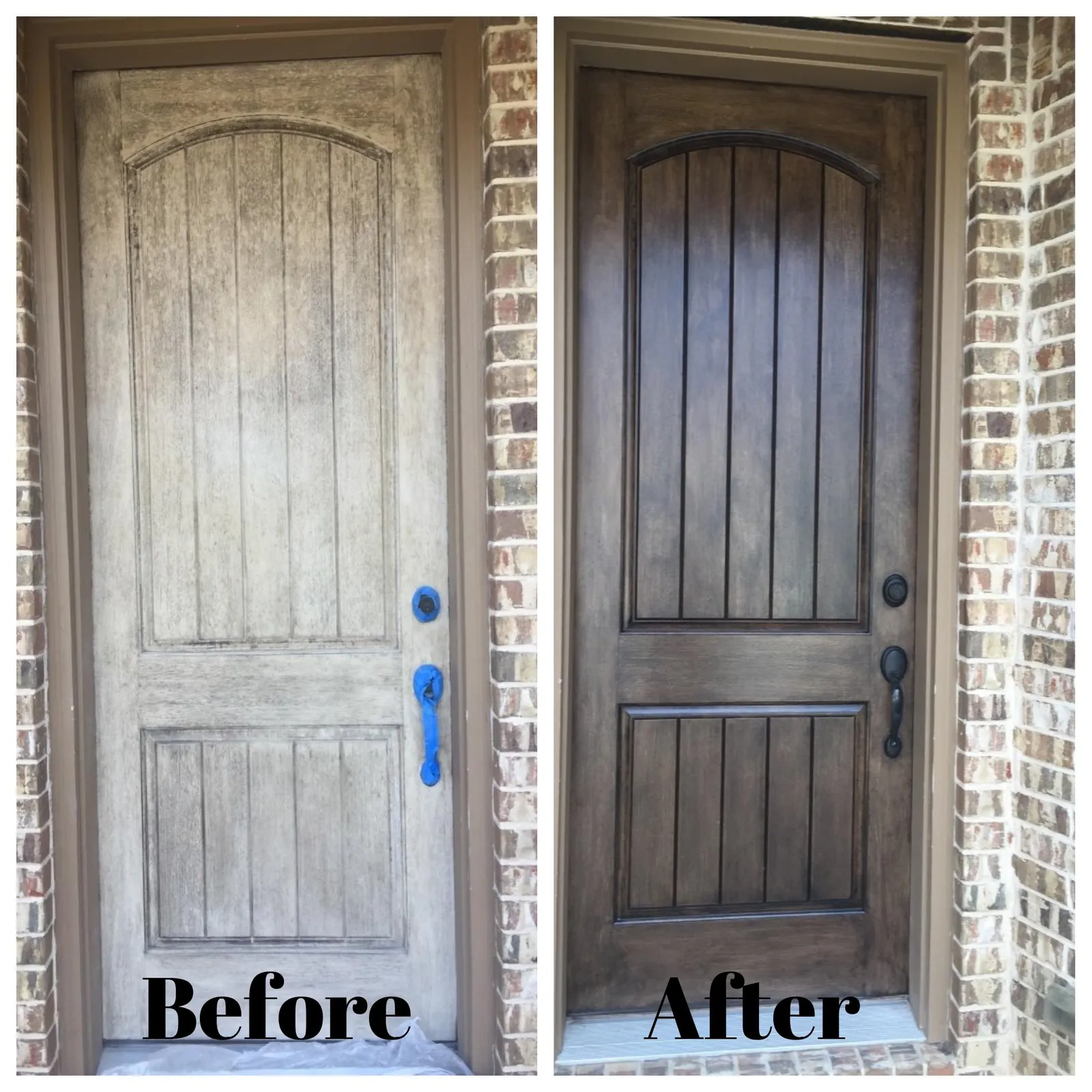 Front door before and after refinishing