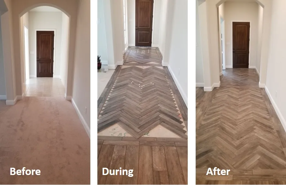Hallway before, during and after porcelain tile