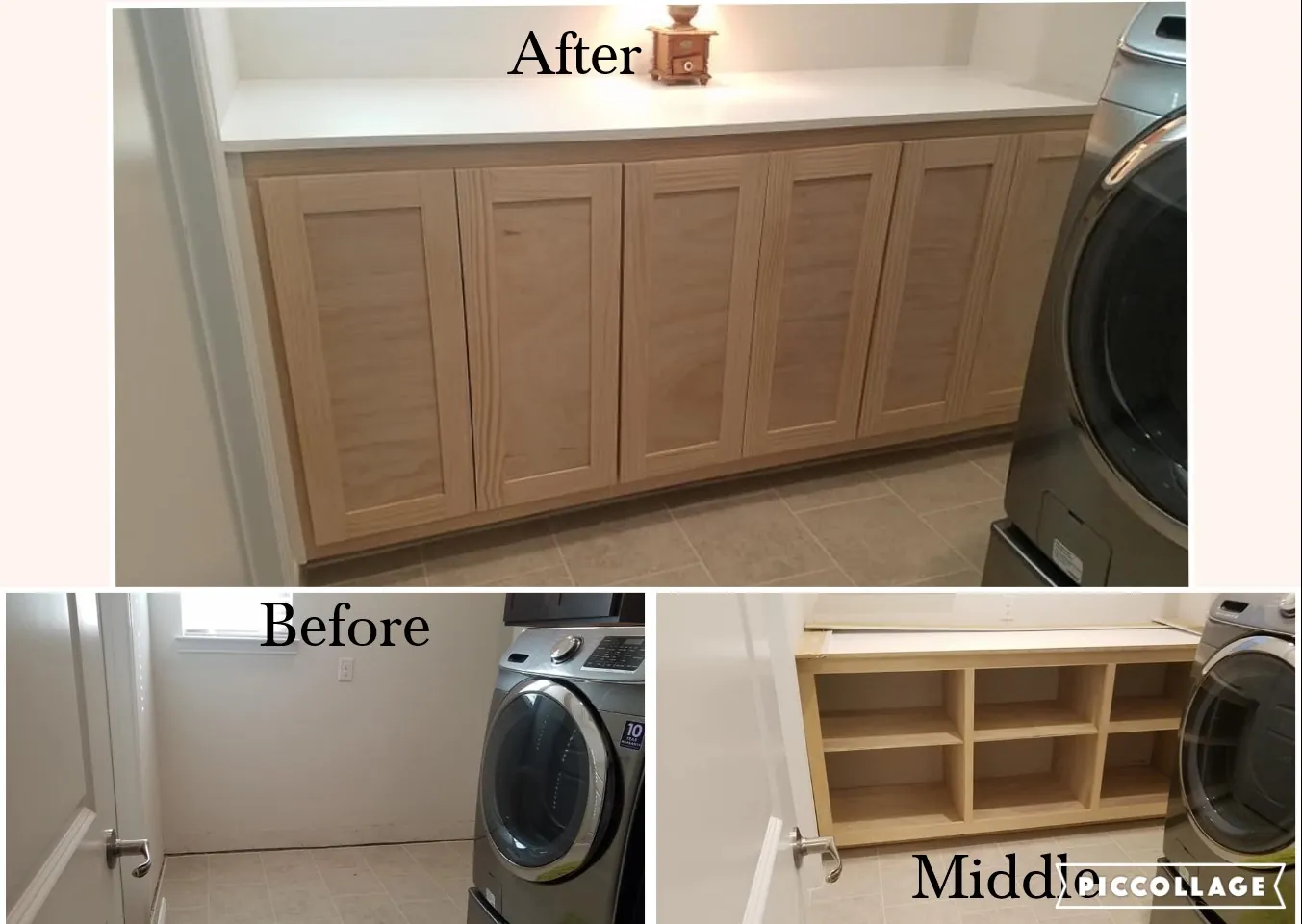 Laundry room cabinet before, during and after the build