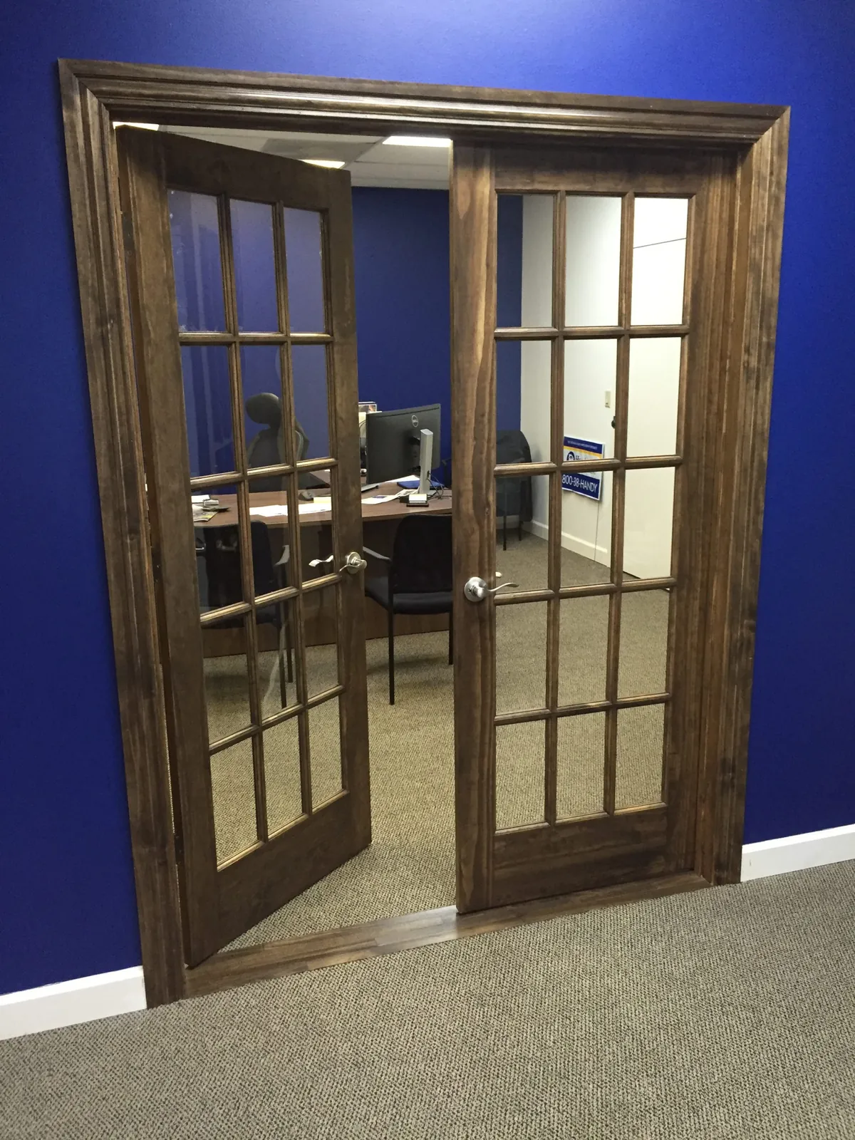 Stained French doors into a home office