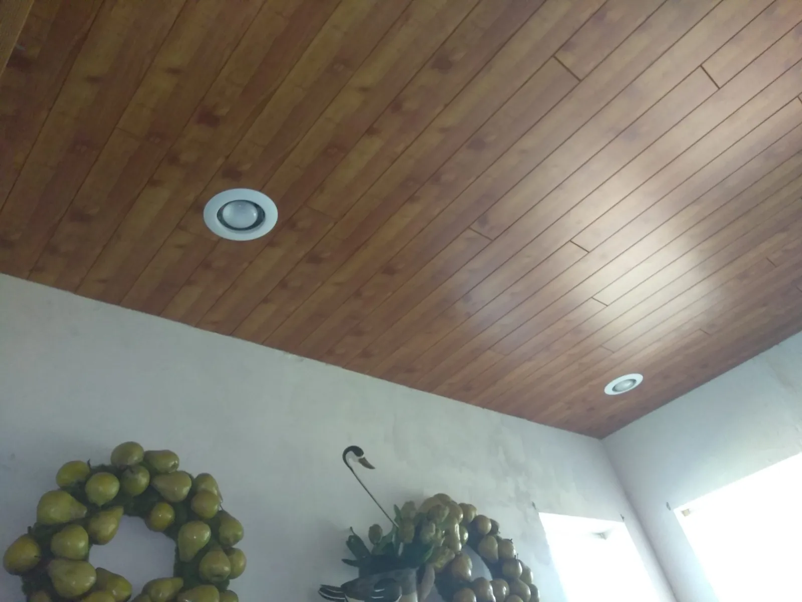 Stained tongue and groove porch ceiling with recessed lights
