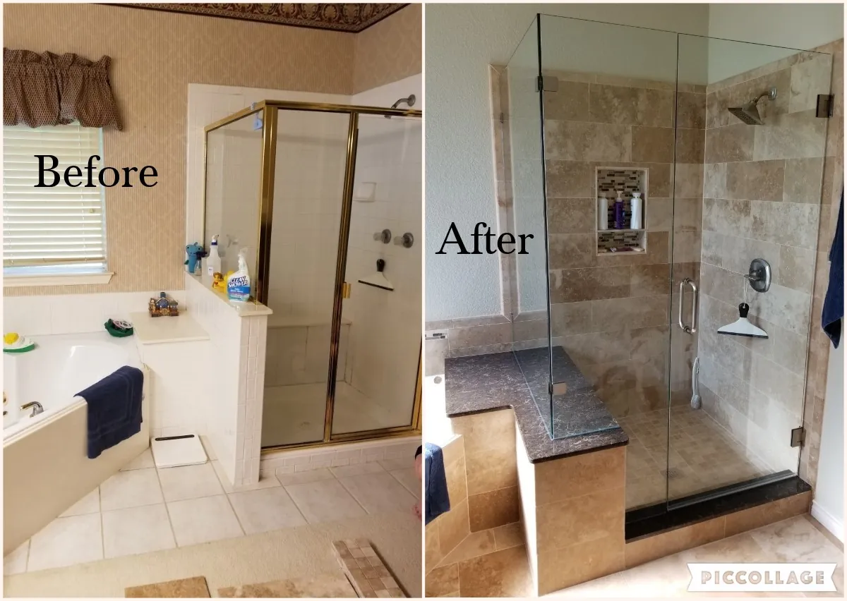 Shower before and after a glass and tile remodel