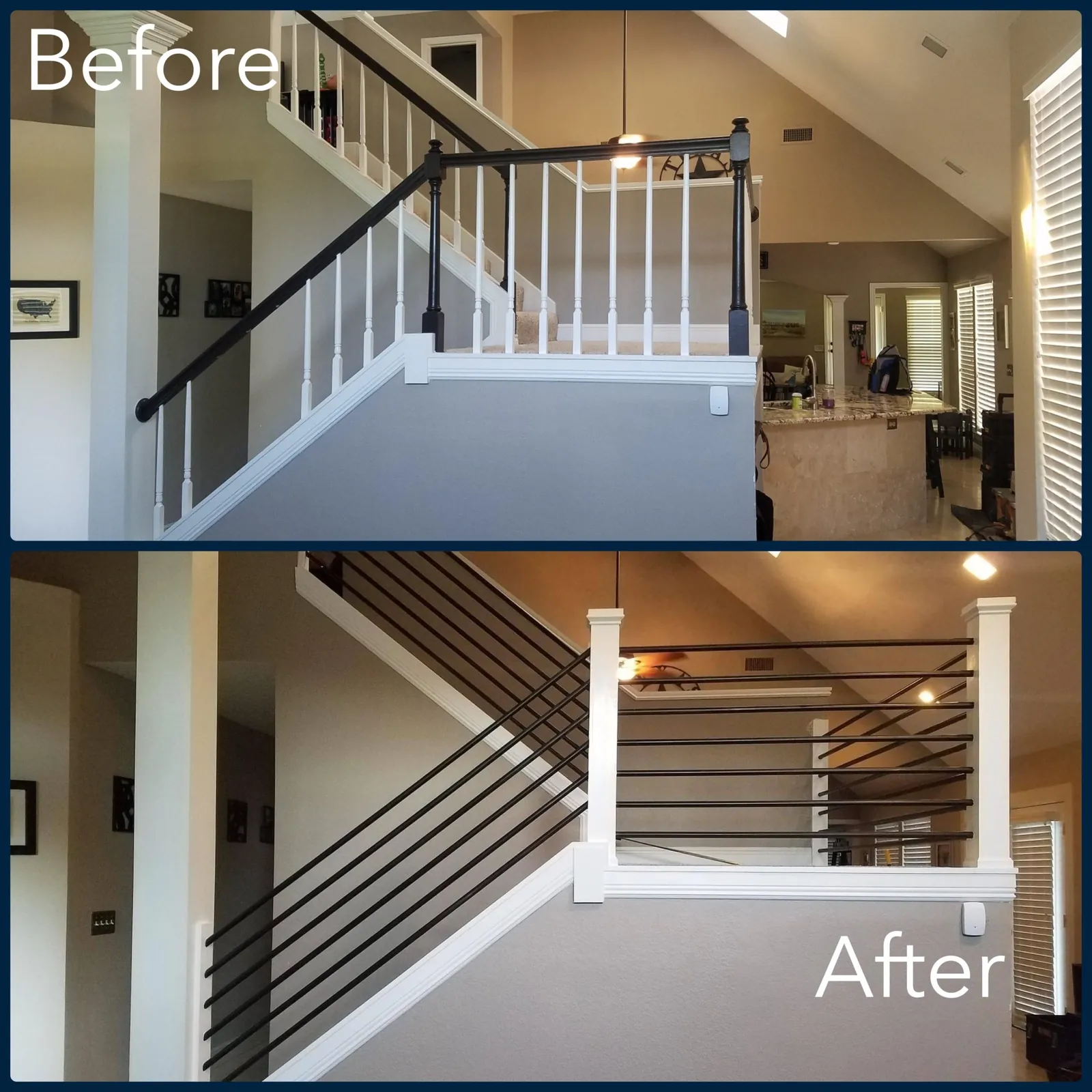 Staircase railing before and after new black metal balusters