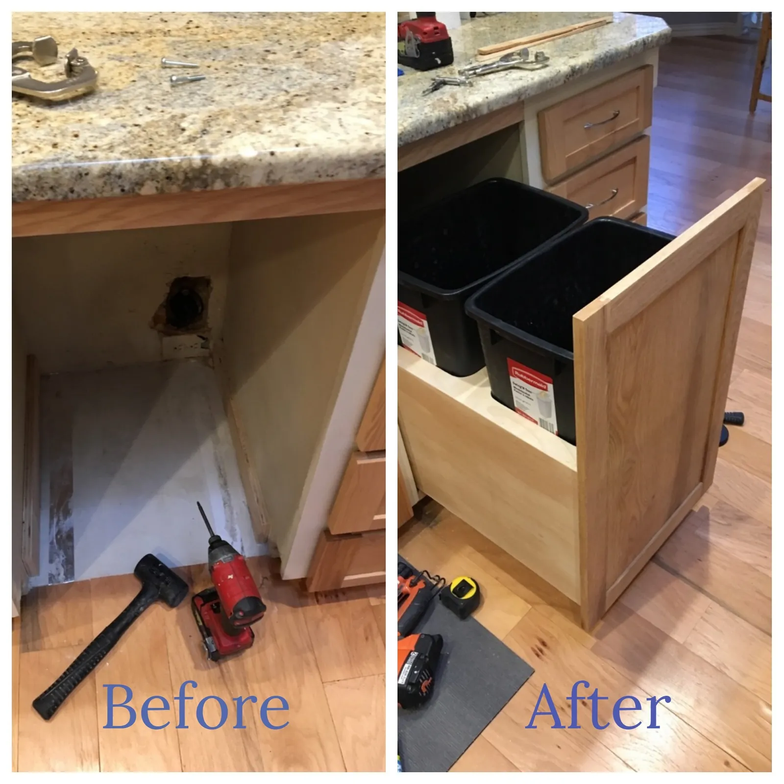 Kitchen cabinet before and after a pull-out trash drawer