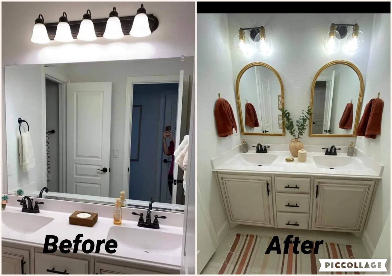 Vanity before and after new mirrors and lights