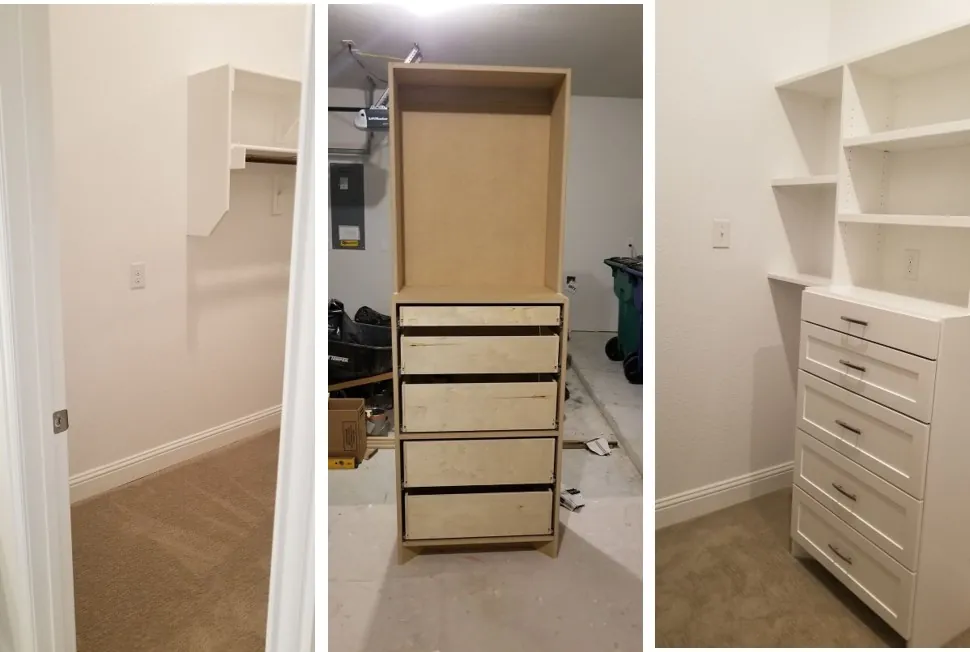 Walk-in closet before and after new built-in shelving