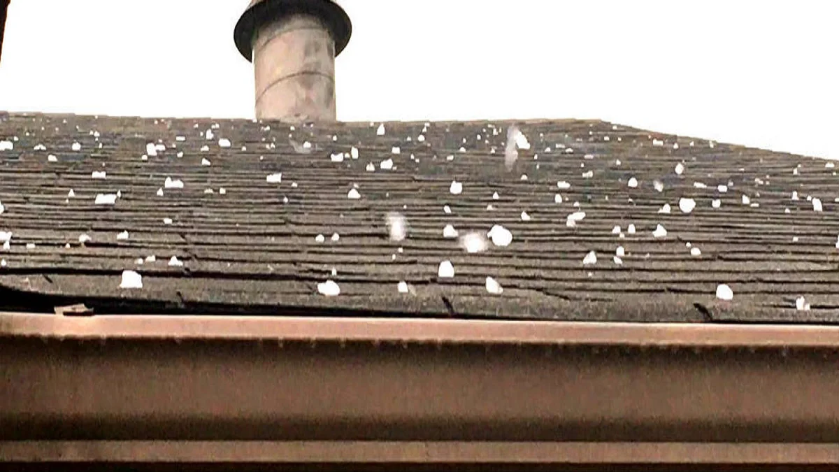 Asphalt shingle roof with visible deterioration and white granule loss on a residential structure with a chimney.