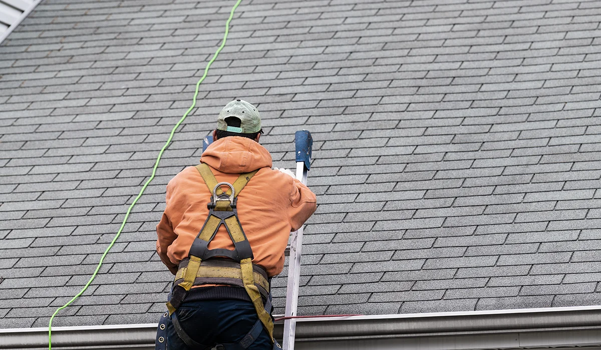 Roof installation or repair work being performed on an asphalt shingle roof, with a worker secured by safety harness and rope on a steep residential roofline.