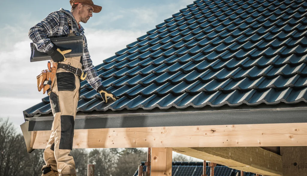 Roof installation with blue metal tiles being installed by a worker on a residential structure.