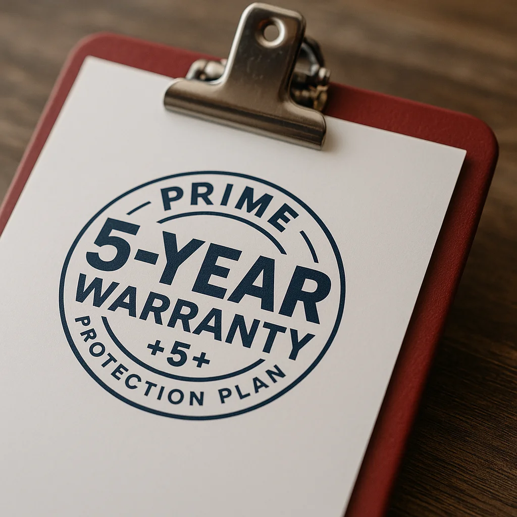 A 5-year prime warranty with protection plan document displayed on a red clipboard against a wooden surface.
