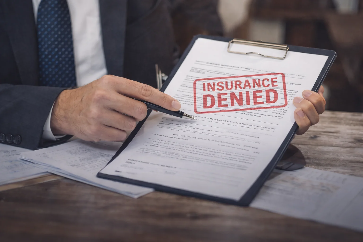 An insurance denial document stamped in red, shown in a business setting with a professional reviewing paperwork.