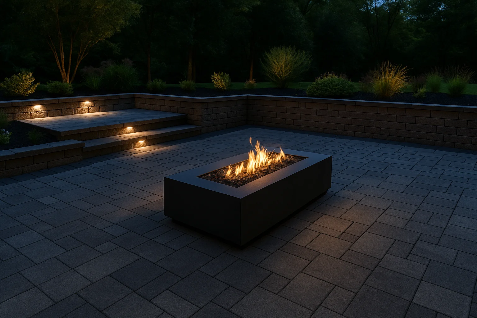 An outdoor patio with fire pit feature, not roofing contractor work or products.