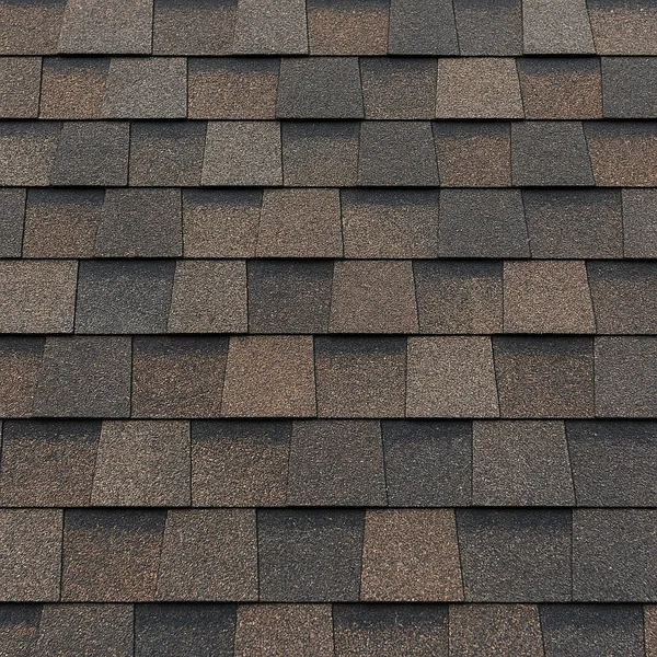 Architectural shingle roofing product displayed in a close-up view showing multiple rows of installed asphalt shingles with varied earth-tone colors.