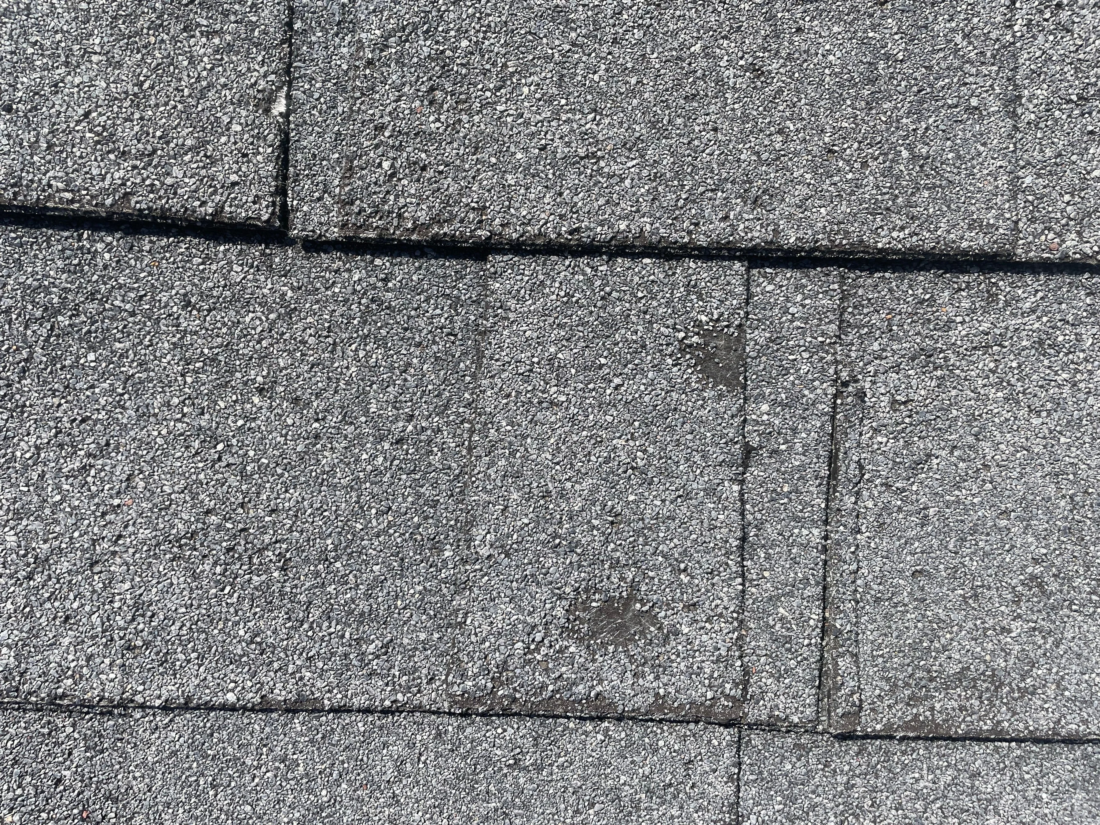 Asphalt shingle roofing material showing granule texture and seams on a roof surface.
