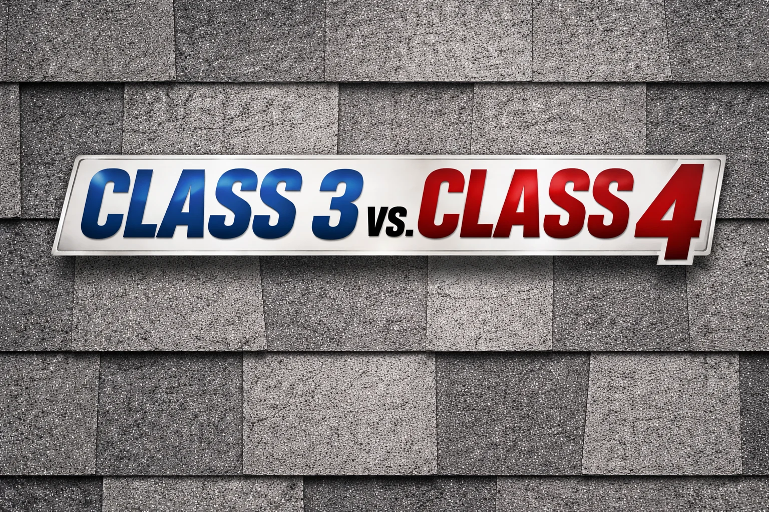 A comparison banner graphic overlay on asphalt shingles, illustrating a shingle versus metal roofing product comparison.
