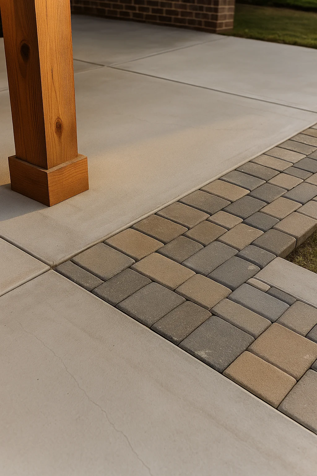 A concrete patio and decorative paver walkway in an exterior residential setting, featuring a wooden post support structure.