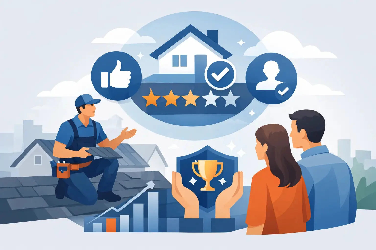 Customer satisfaction and service quality metrics illustrated through ratings, testimonials, and approval icons in an abstract business setting.