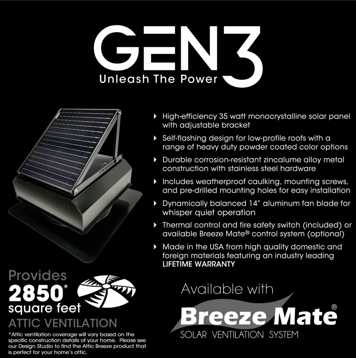 Gen 3 solar-powered attic ventilation fan with adjustable monocrystalline solar panel mounted on a black base, shown against a black background with product specifications.