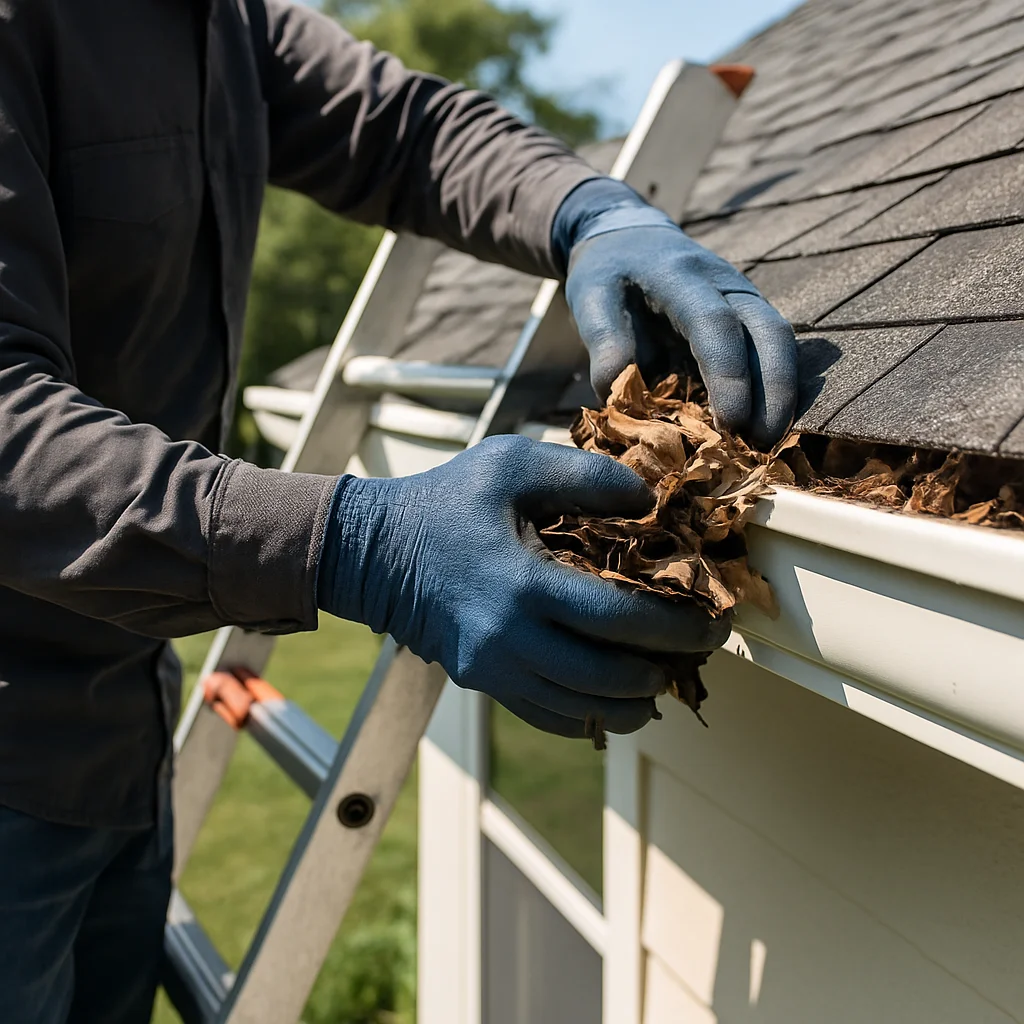Gutter cleaning and maintenance service being performed on a residential home's gutter system during routine property upkeep.