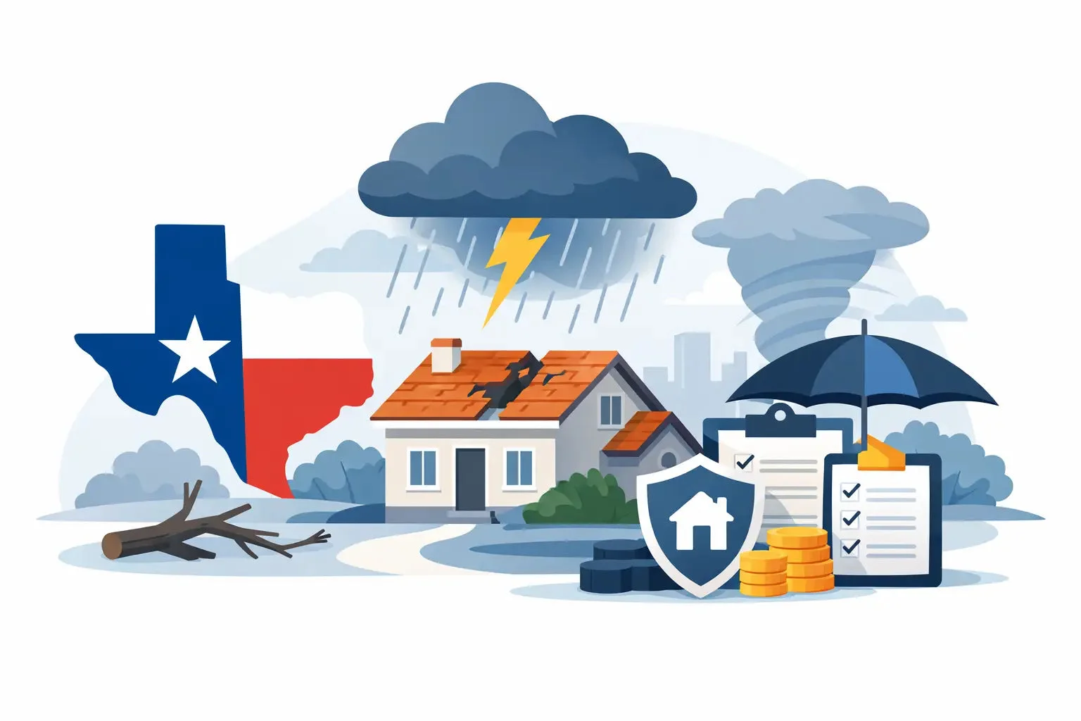Home roof damage protection and insurance coverage depicted through a damaged house with storm damage, security shield, and checklist in a severe weather scenario.