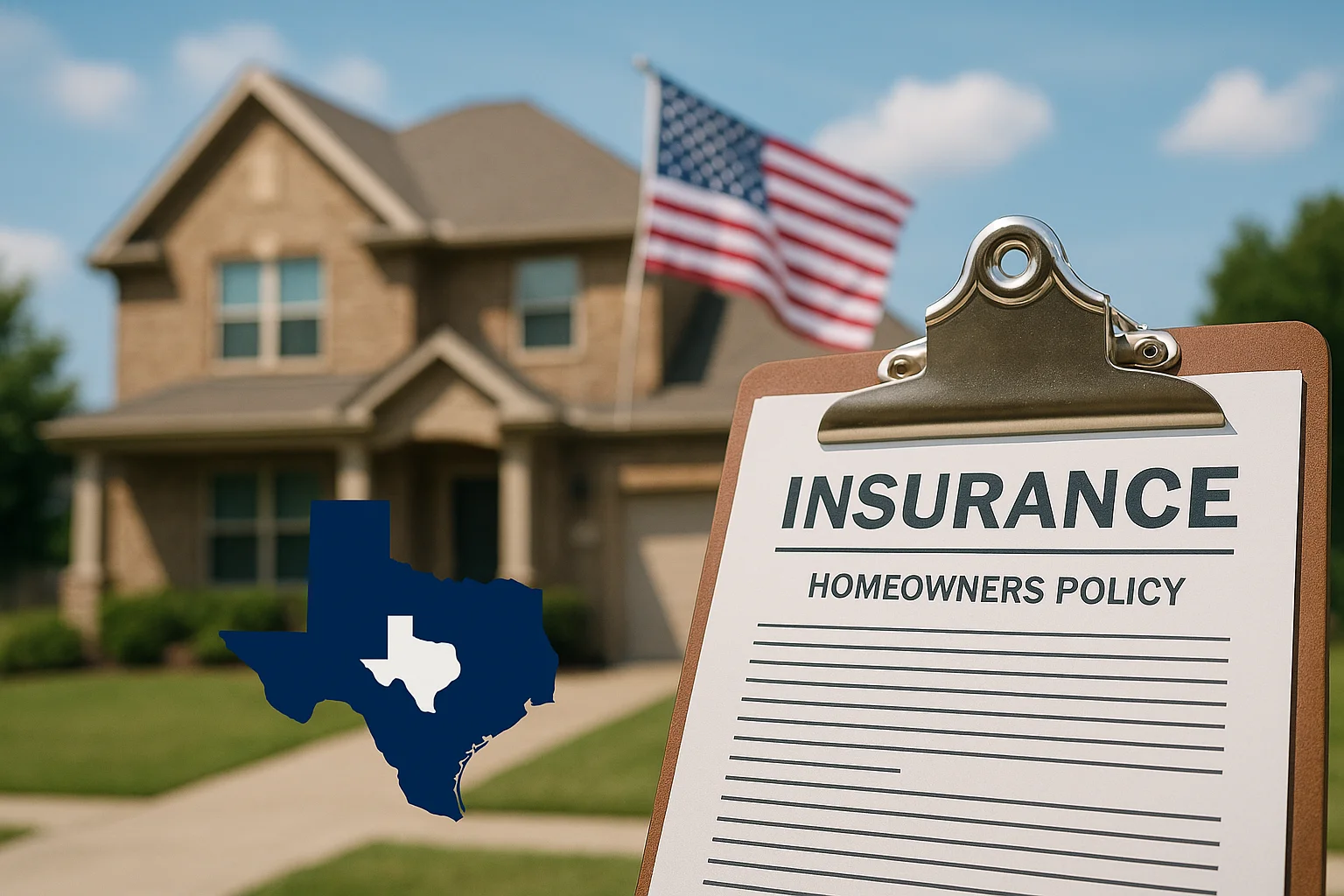 A homeowners insurance policy document displayed in front of a residential house with an American flag, representing insurance-related services rather than roofing contractor work.