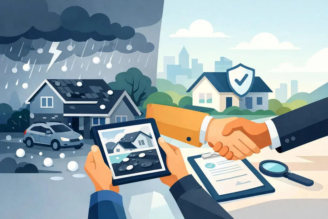 Property damage assessment and insurance claim process illustrated through a handshake between an inspector and homeowner, with storm-damaged houses and documentation in the foreground.
