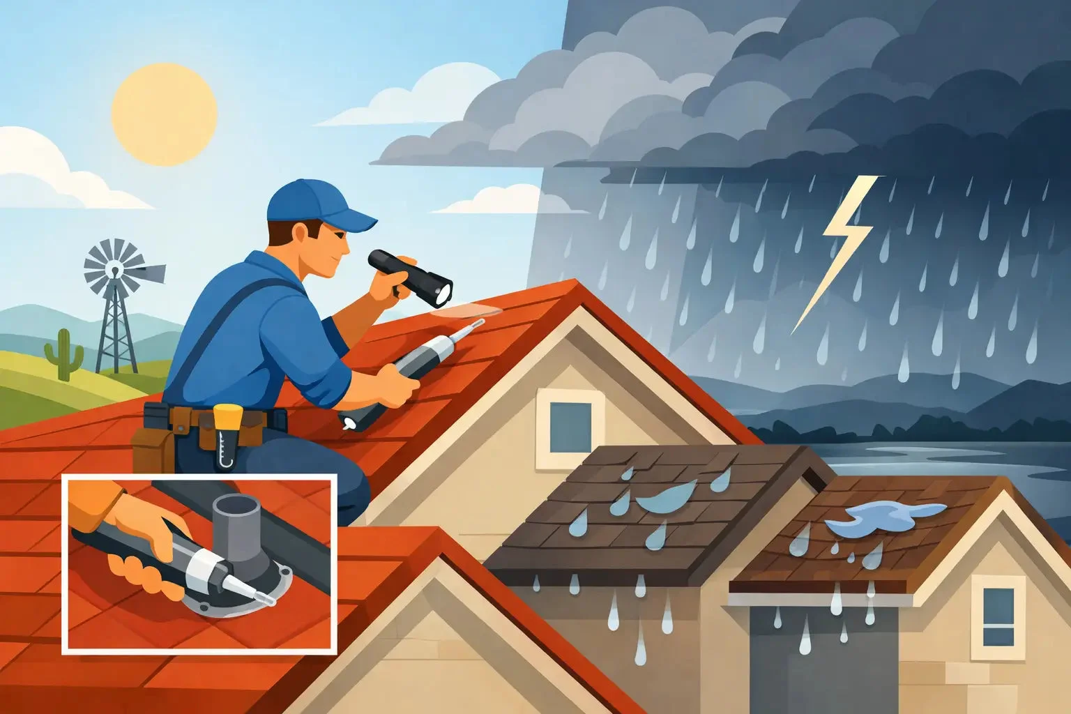 Roof repair and inspection services being performed on residential homes during a storm, with a contractor using tools and binoculars to assess damage.