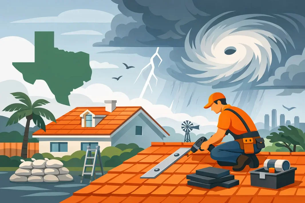 Roof repair and installation work being performed by a contractor in orange safety gear on an orange-tiled residential roof during an approaching hurricane.