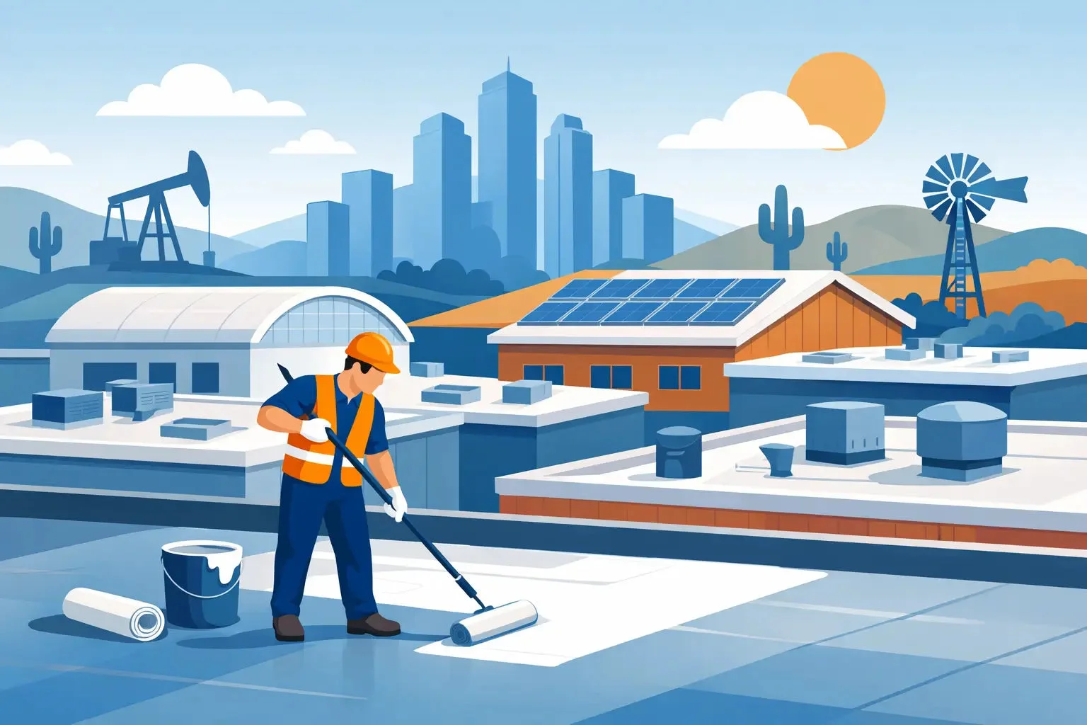 Roofing contractor applying coating or sealant to a commercial flat roof in an industrial setting with multiple buildings and solar panels visible.