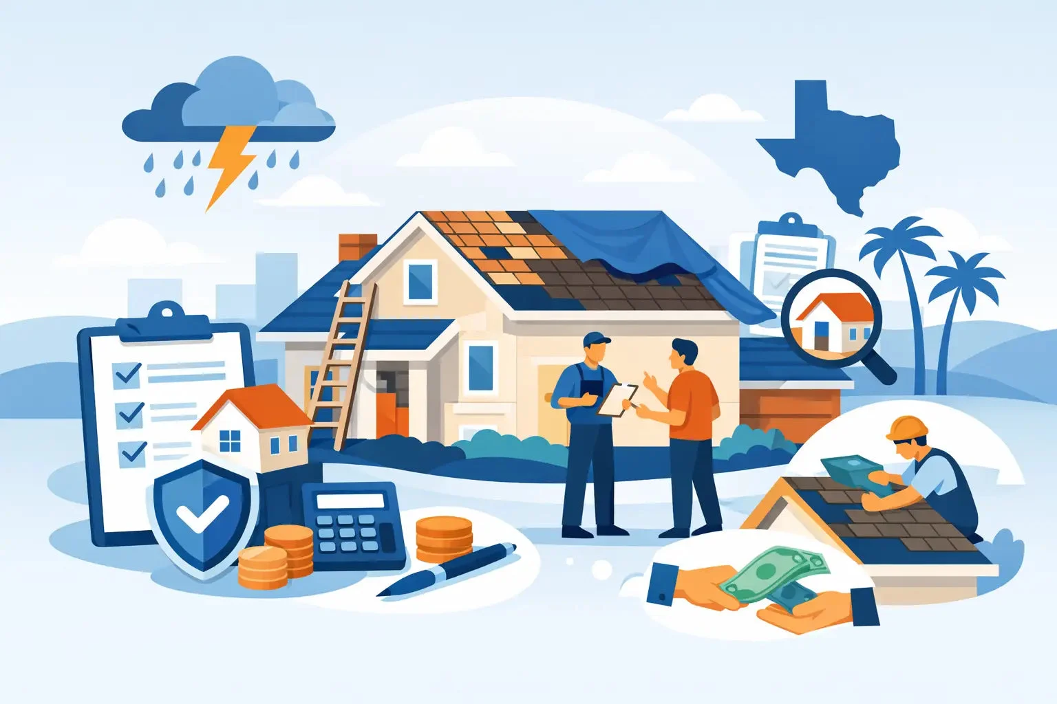 Roofing contractor service in progress on a residential house with workers, inspection checklist, and financial elements in a Texas setting.