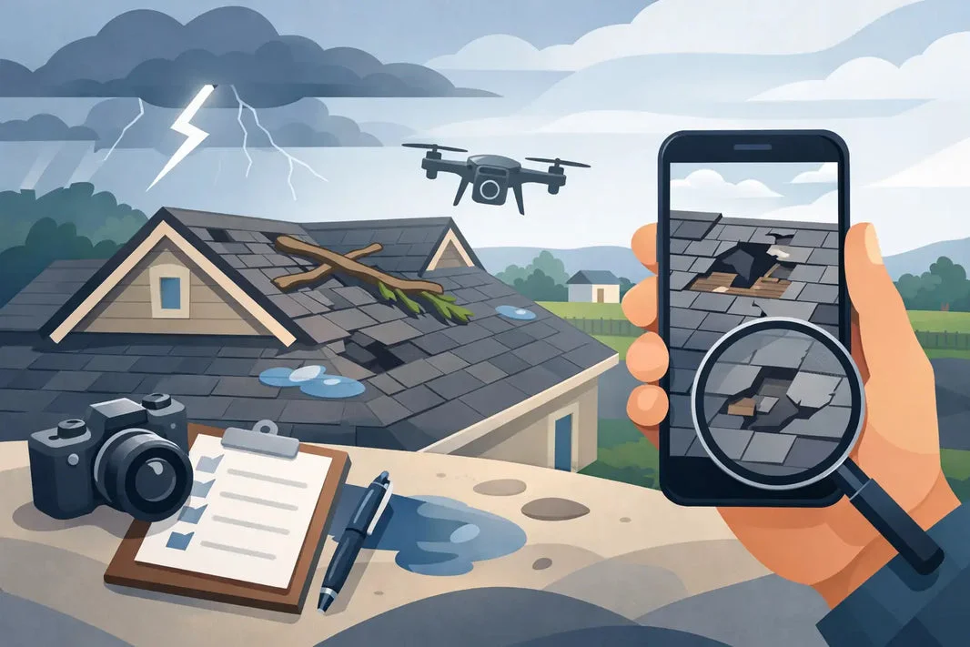 Roofing damage inspection and drone assessment of a residential home with storm damage visible on the roof during an inspection process.