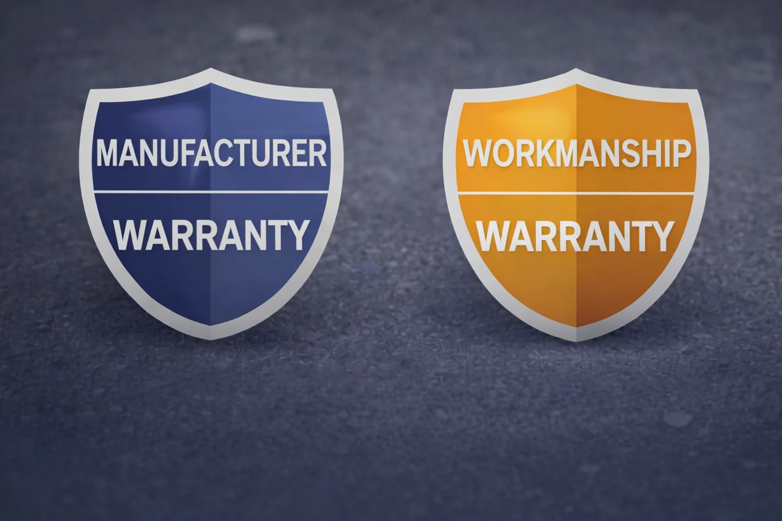 Two warranty badge shields displayed against a textured gray background, showing manufacturer and workmanship warranty offerings.
