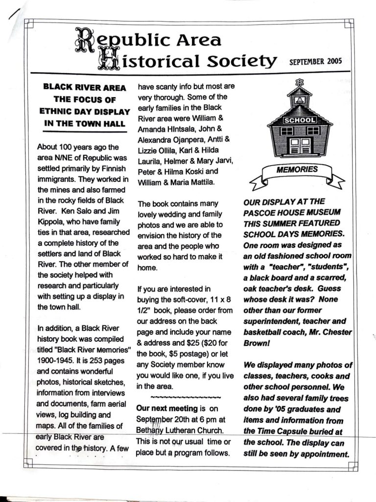Republic Area Historical Society September 2005 - Page 1