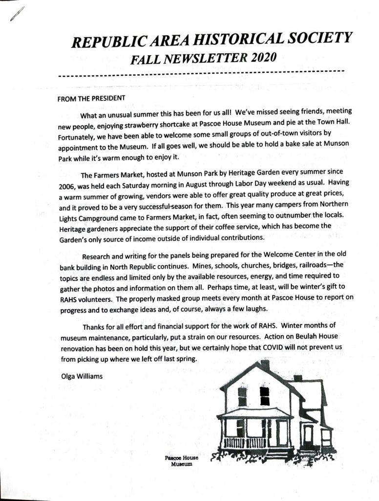 Republic Area Historical Society Fall Newsletter 2020 - Page 1