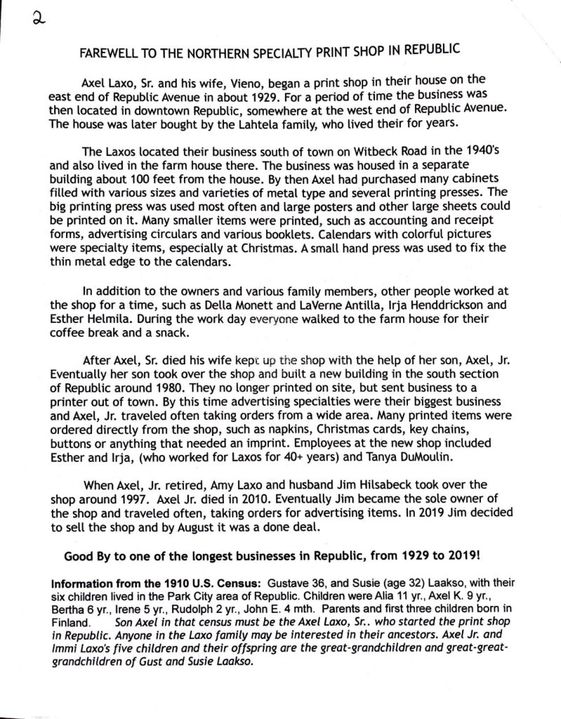 Republic Area Historical Society Fall Newsletter 2020 - Page 2