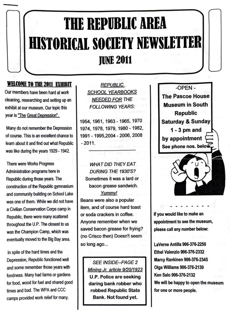 Republic Area Historical Society Newsletter June 2011 - Page 1