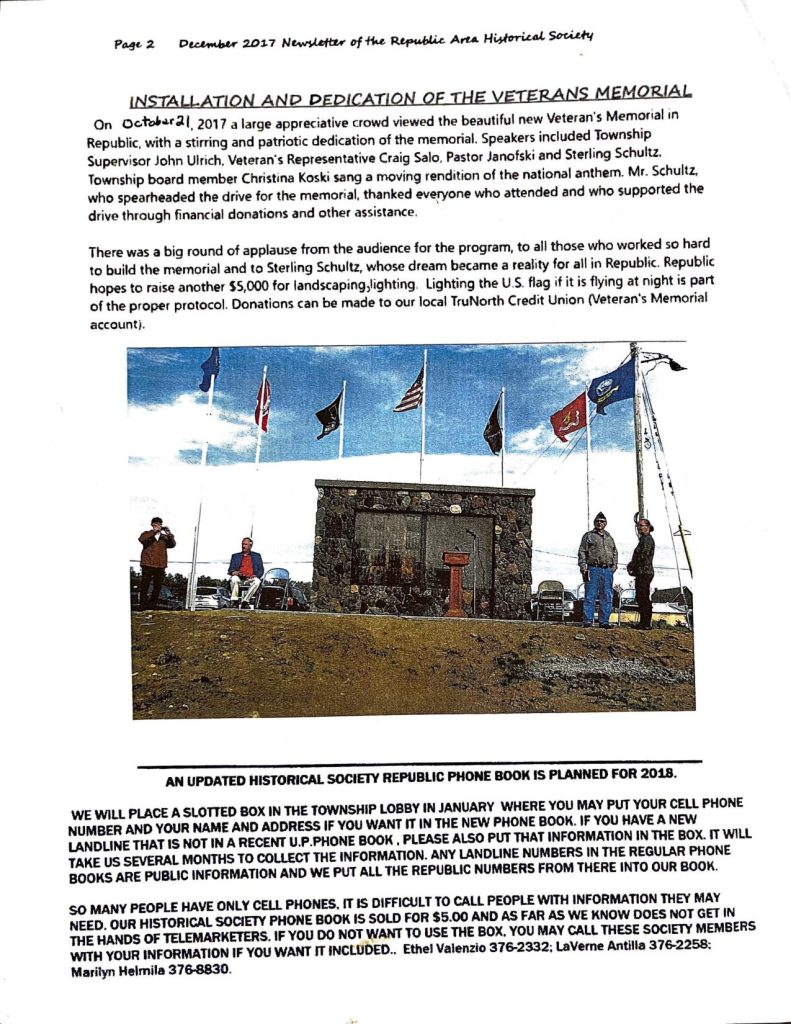 Republic Area Historical Society Newsletter December 2017 - Page 2