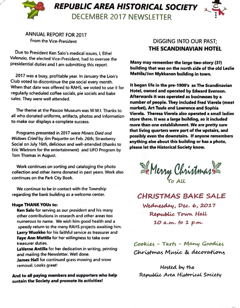 Republic Area Historical Society Newsletter December 2017 - Page 1