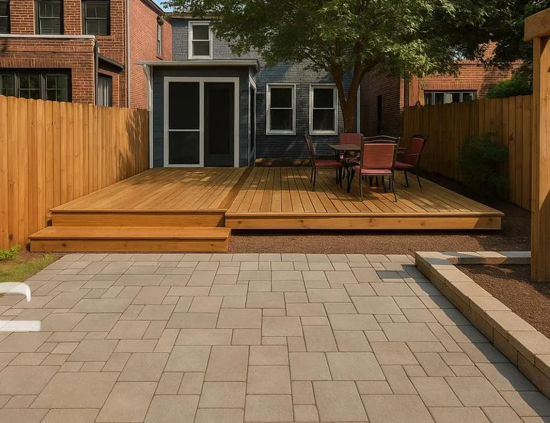 A composite outdoor patio featuring hardscape pavers in the foreground and a wooden deck with a covered addition in the background, showcasing multiple exterior renovation elements in a residential backyard setting.
