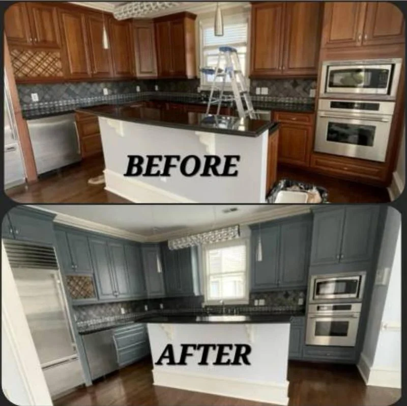 Kitchen cabinet repainting and refinishing in a residential kitchen, shown in before-and-after comparison with wood cabinets transformed to gray.