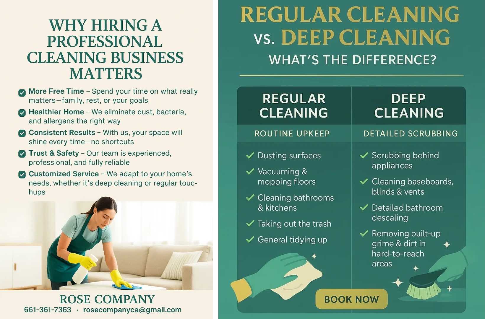 Side-by-side comparison of standard cleaning versus deep cleaning tasks