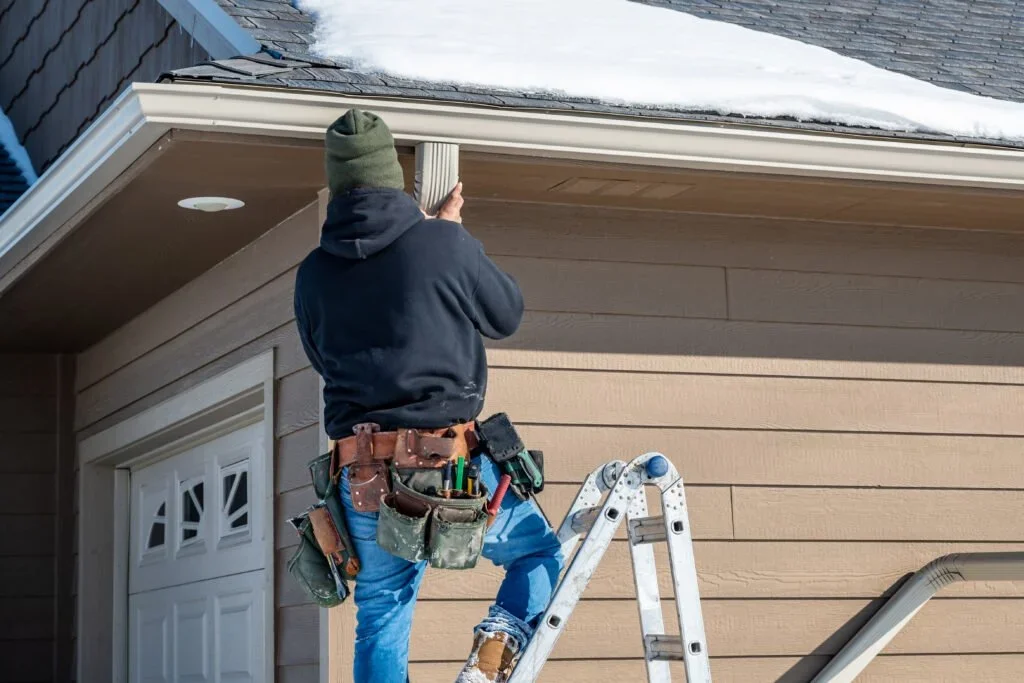 Gutter and soffit installation work in progress on a residential home exterior during winter.