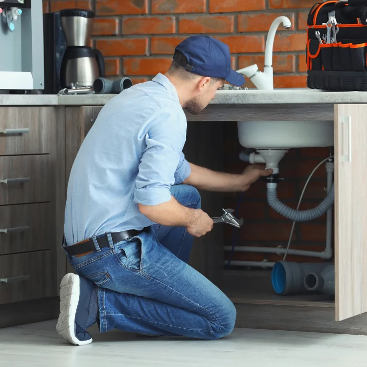 Plumbing repair work being performed under a kitchen sink in a modern kitchen with brick backsplash.