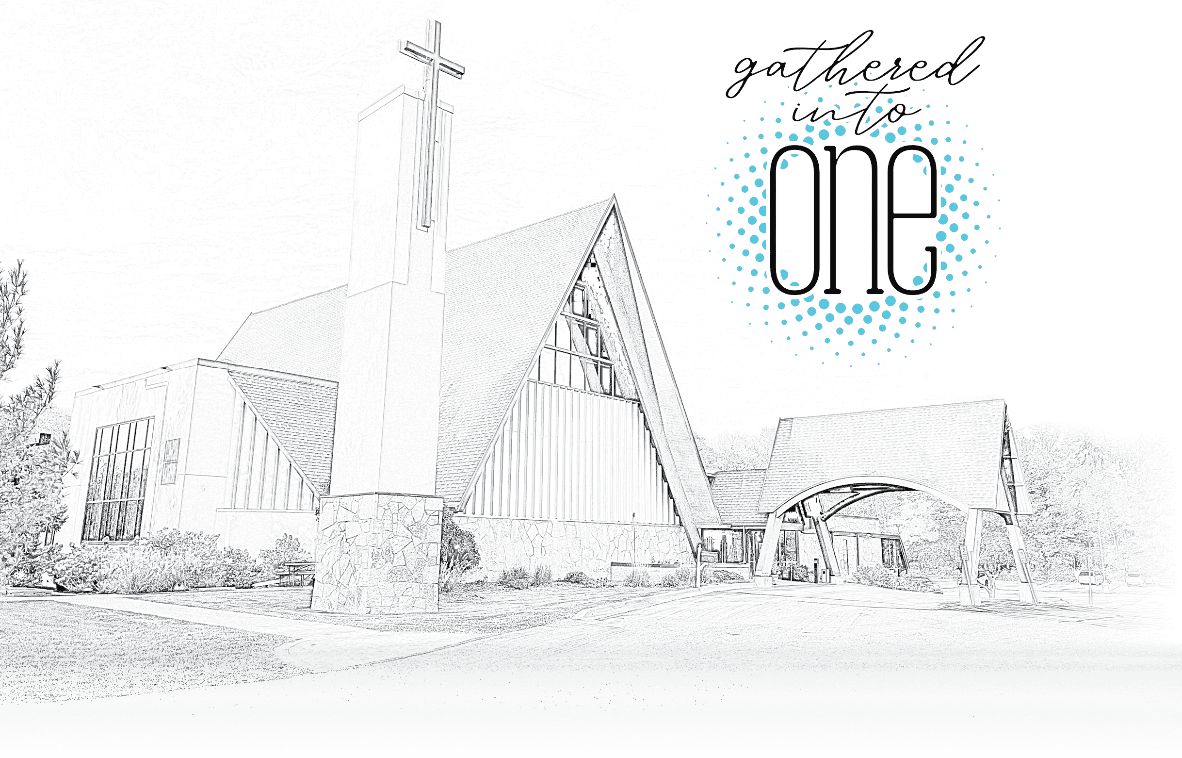 trinity church sketch with gathered into one logo