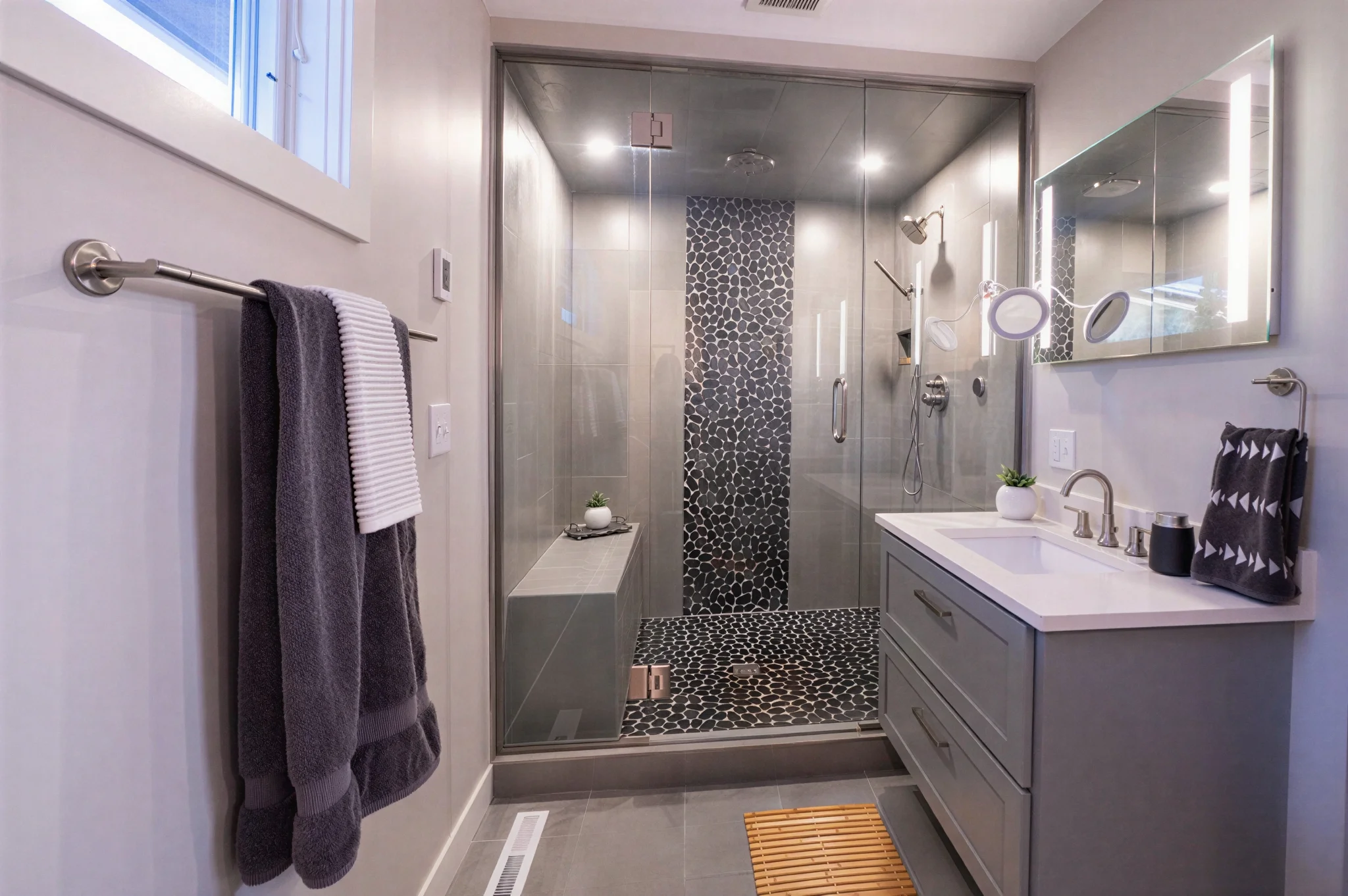 Modern bathroom featuring a walk-in glass shower with pebble tile accents and a gray vanity.