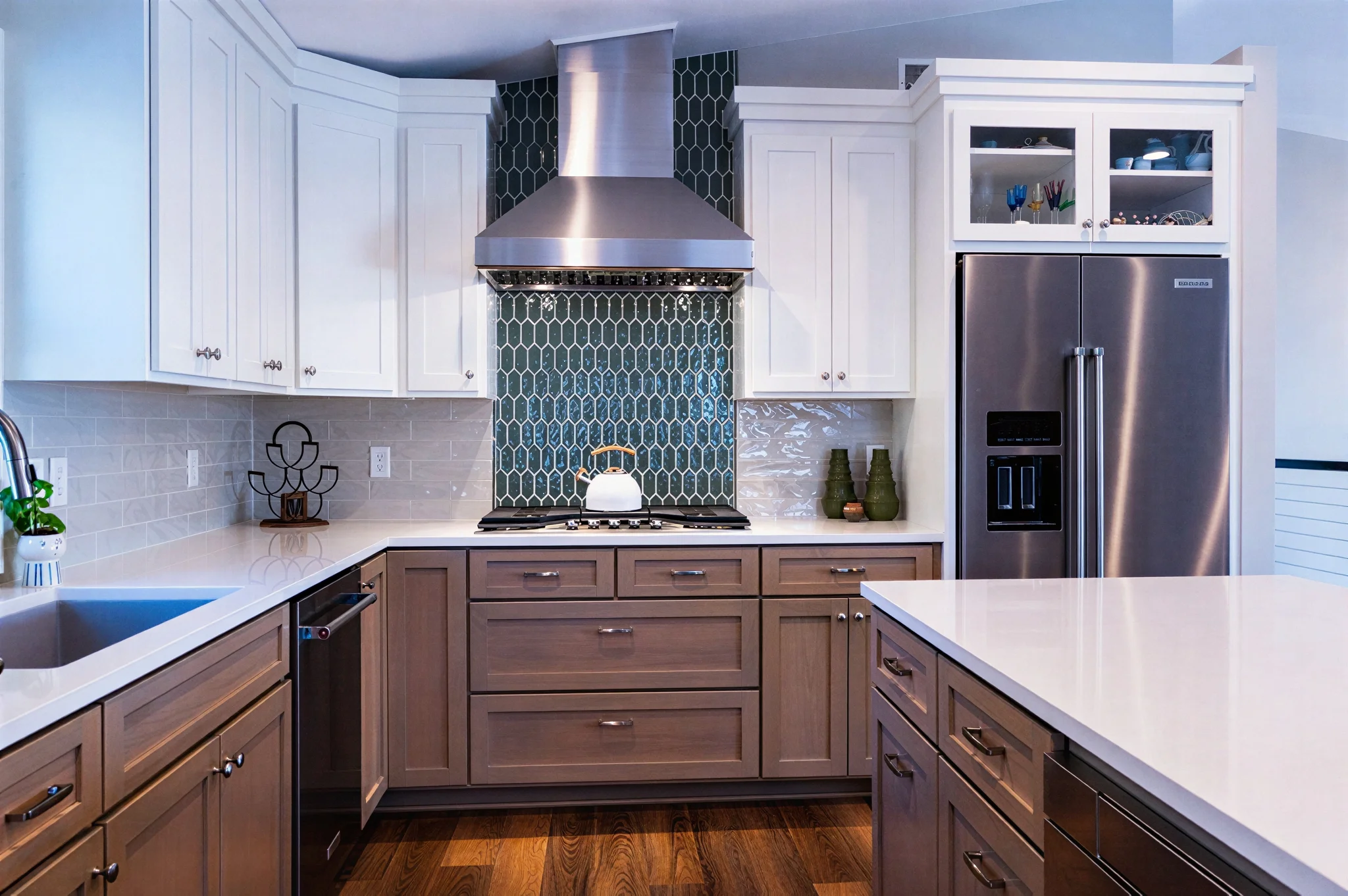 Modern kitchen featuring white upper cabinets, wood lower cabinets, and a green honeycomb tile backsplash.