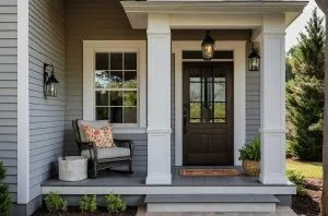 Modern front porch featuring grey siding, white square columns, and a dark wood entry door.