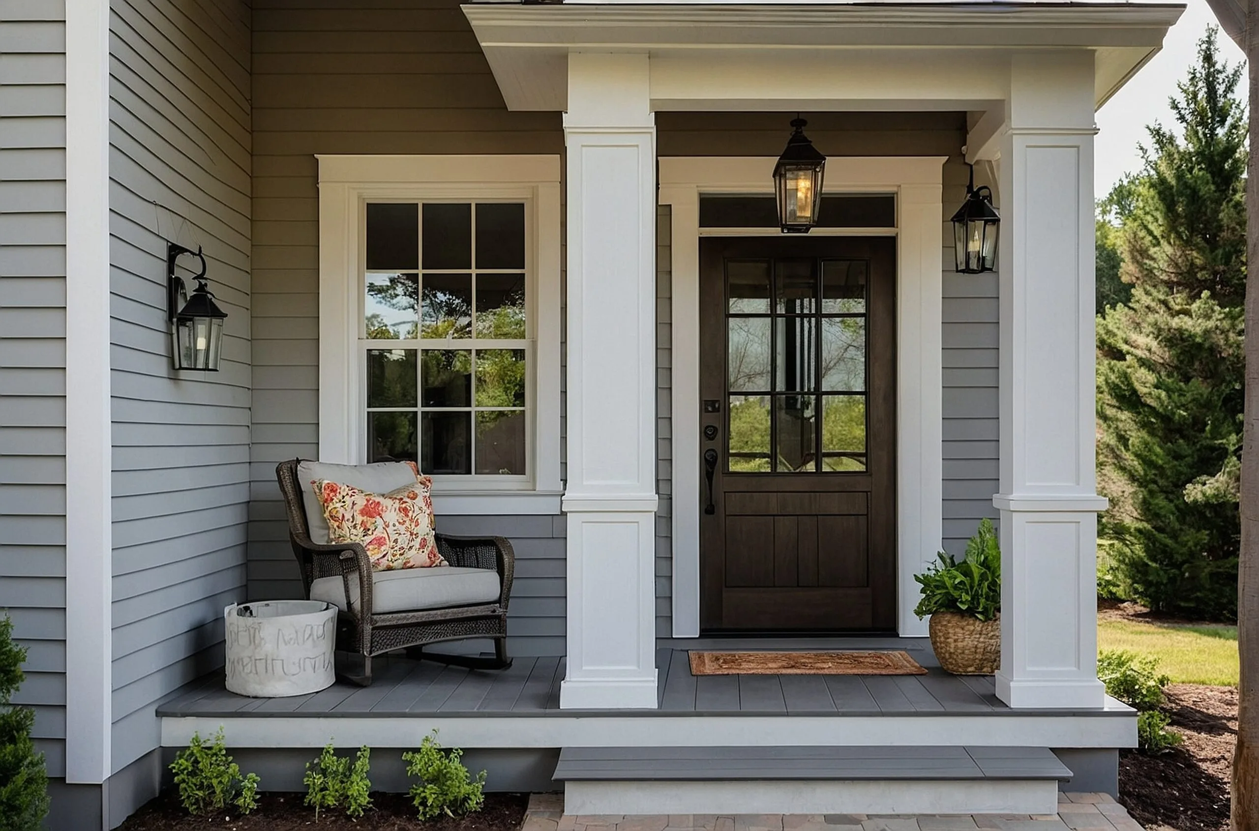 Modern front porch featuring a dark wood door, white columns, gray siding, and a window.