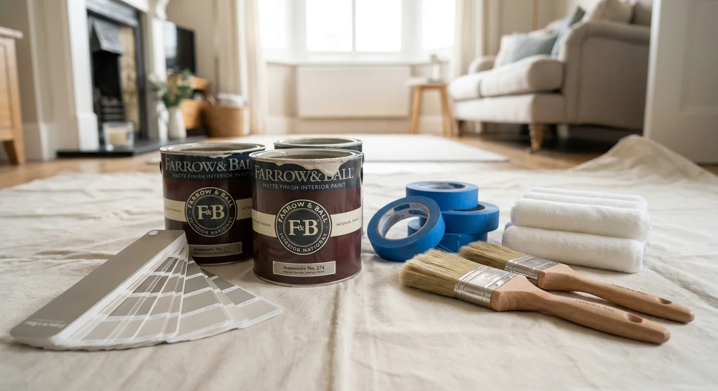 Farrow & Ball interior paint cans with brushes, painter's tape, and color swatches displayed on a drop cloth in a bright living room.